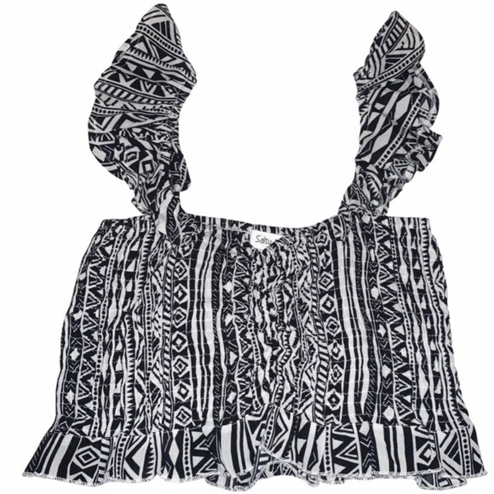 Salty Lemon sz M black BOHO ruched Ruffle crop top